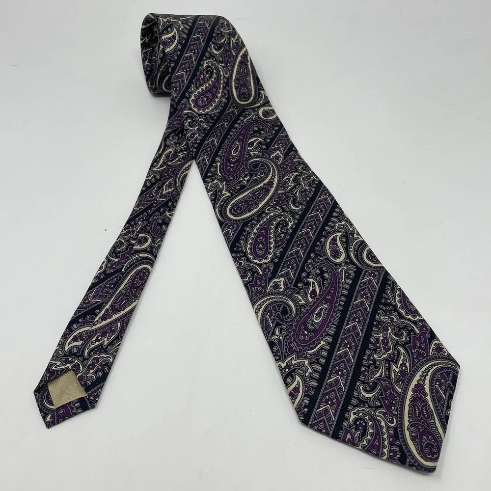 Mens Tie Handmade USA Italy Silk Purple Black Cream Gray 3.5x58